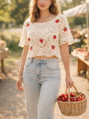 Strawberry Girl Crochet Sweater 🍓 Cottagecore Coquette Top Boho Crop Medium